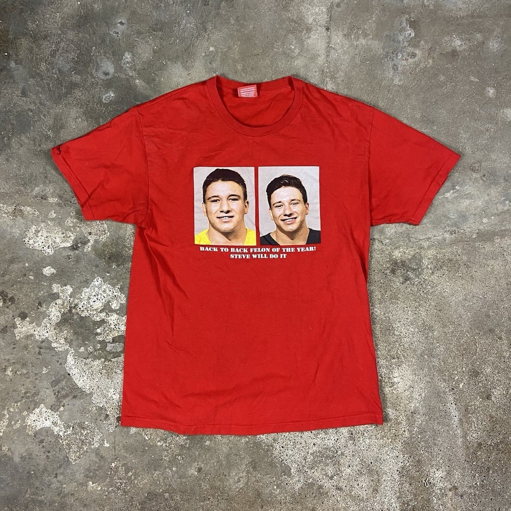 NELK BOYS T-Shirt Size Large Red Stevewilldoit Mugshot Felon of The Year Graphic